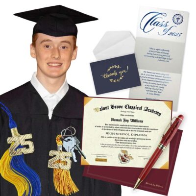 graduate package including diploma, cap and gown, tassel, announcements, thank-you cards, keychain tassel and rosewood pen