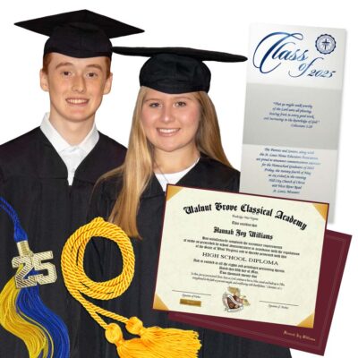 Graduate Package including diploma, cap and gown, tassel, honor cords and stoles, and announcements